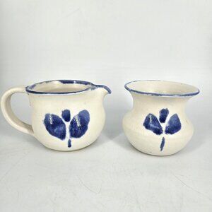 Handmade Stoneware Creamer Sugar Set White Dutch Blue Floral Art Pottery 2 Pc